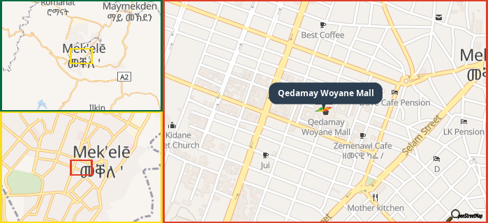 Map showing the address of Qedamay Woyane Mall in three different zoom levels.