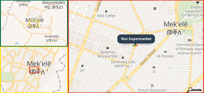 Map showing the address of Nur Supermarket in three different zoom levels.