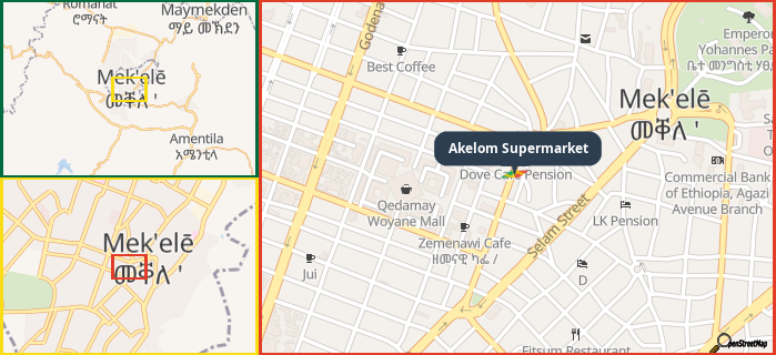 Map showing the address of Akelom Supermarket in three different zoom levels.