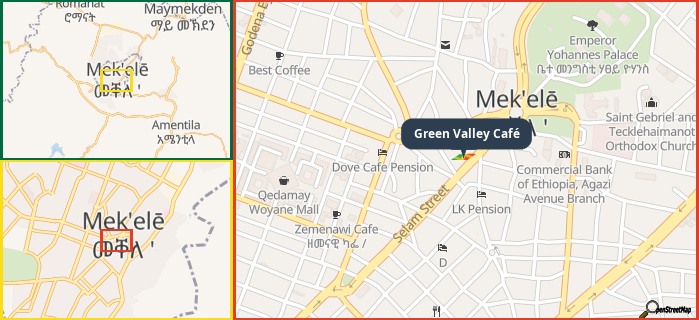 Map showing the address of Green Valley Café in three different zoom levels.