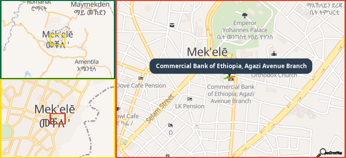Map showing the address of Commercial Bank of Ethiopia, Agazi Avenue Branch in three different zoom levels.
