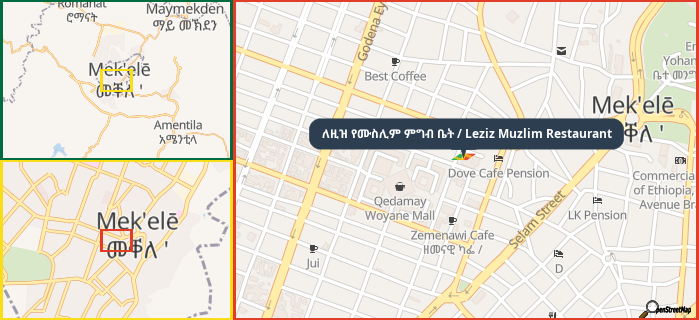 Map showing the address of ለዚዝ የሙስሊም ምግብ ቤት / Leziz Muzlim Restaurant in three different zoom levels.
