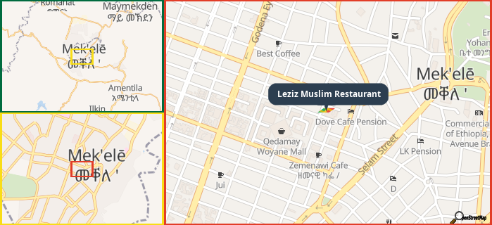 Map showing the address of Leziz Muslim Restaurant in three different zoom levels.
