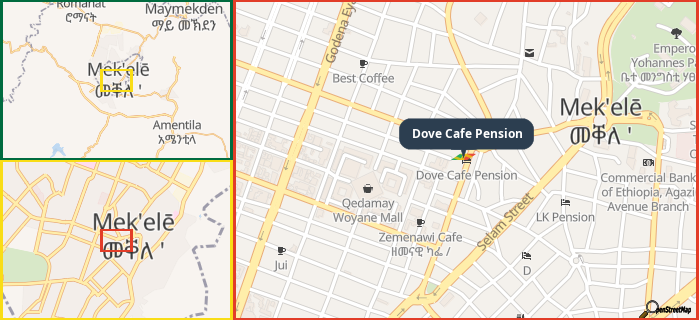 Map showing the address of Dove Cafe Pension in three different zoom levels.