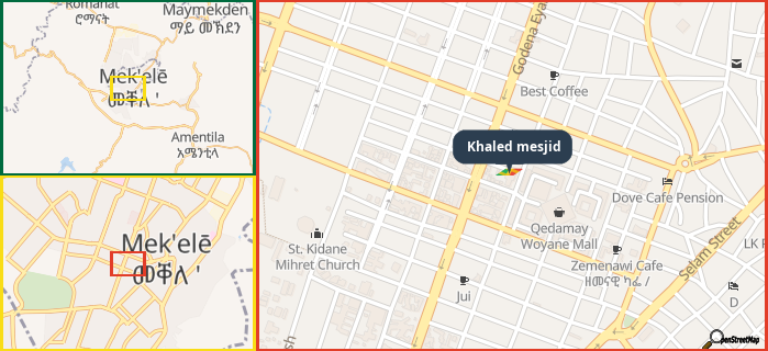 Map showing the address of Khaled mesjid in three different zoom levels.