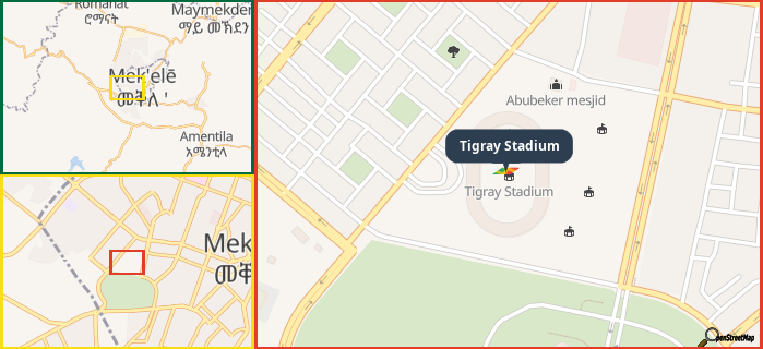 Map showing the address of Tigray Stadium in three different zoom levels.