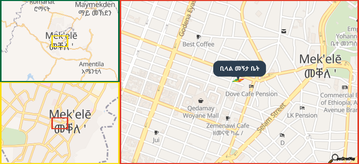 Map showing the address of ቢላል መኝታ ቤት in three different zoom levels.
