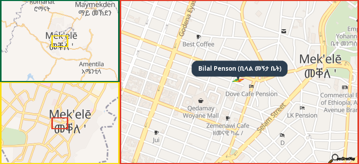 Map showing the address of Bilal Penson (ቢላል መኝታ ቤት) in three different zoom levels.