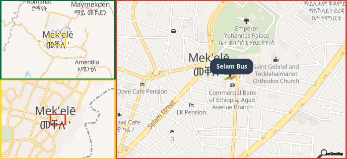 Map showing the address of Selam Bus in three different zoom levels.