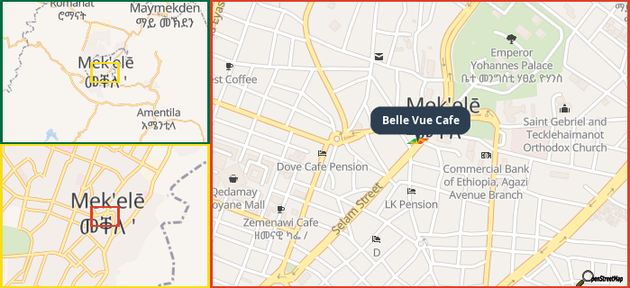 Map showing the address of Belle Vue Cafe in three different zoom levels.