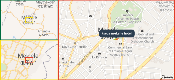 Map showing the address of tsega mekelle hotel in three different zoom levels.