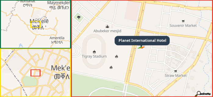 Map showing the address of Planet International Hotel in three different zoom levels.