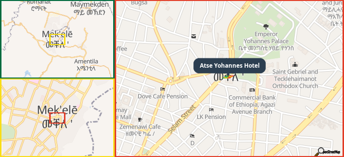 Map showing the address of Atse Yohannes Hotel in three different zoom levels.