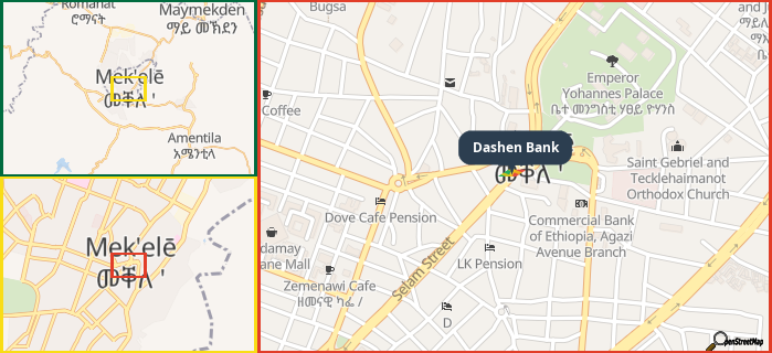Map showing the address of Dashen Bank in three different zoom levels.