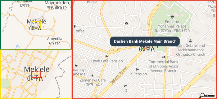 Map showing the address of Dashen Bank Mekele Main Branch in three different zoom levels.