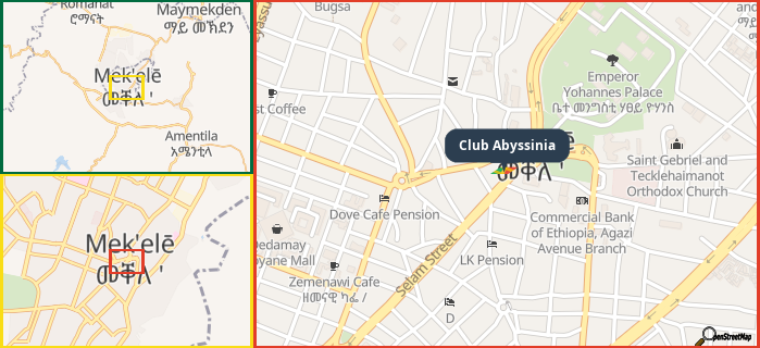 Map showing the address of Club Abyssinia in three different zoom levels.