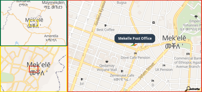 Map showing the address of Mekelle Post Office in three different zoom levels.