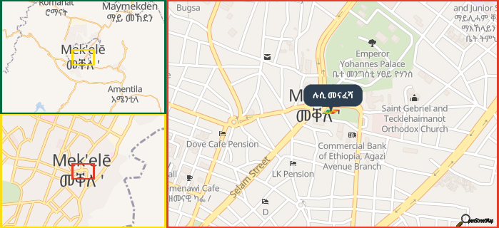 Map showing the address of ሉሲ መናፈሻ in three different zoom levels.