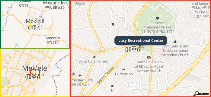 Map showing the address of Lucy Recreational Center in three different zoom levels.