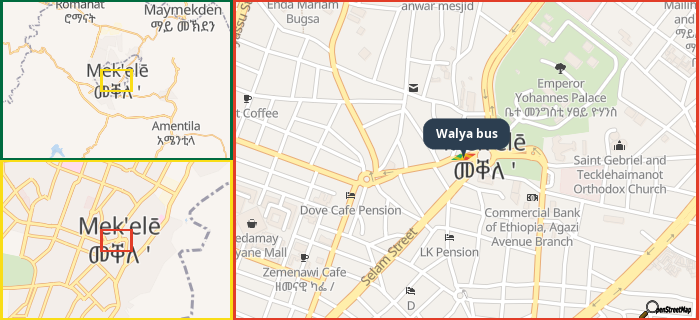 Map showing the address of Walya bus in three different zoom levels.