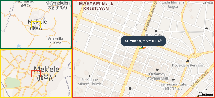 Map showing the address of ኑር የሙስሊም ምግብ ቤት in three different zoom levels.