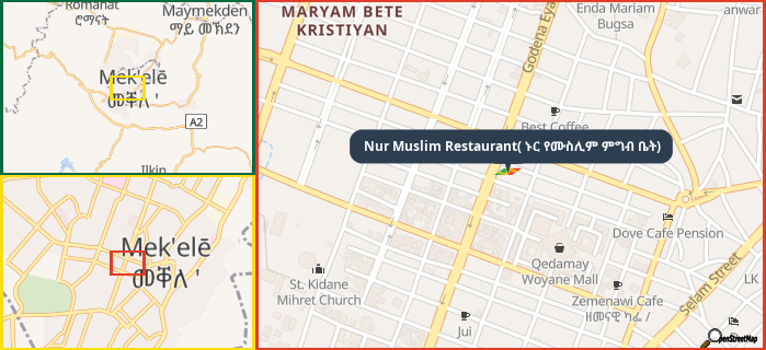 Map showing the address of Nur Muslim Restaurant( ኑር የሙስሊም ምግብ ቤት) in three different zoom levels.