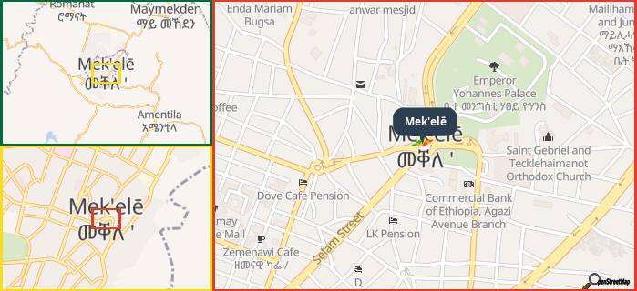 Map showing the address of Mek'elē in three different zoom levels.