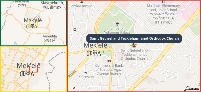 Map showing the address of Saint Gebriel and Tecklehaimanot Orthodox Church in three different zoom levels.