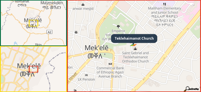 Map showing the address of Teklehaimanot Church in three different zoom levels.