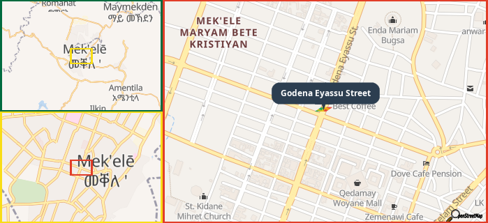 Map showing the address of Godena Eyassu Street in three different zoom levels.