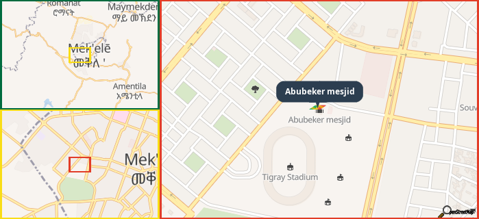 Map showing the address of Abubeker mesjid in three different zoom levels.