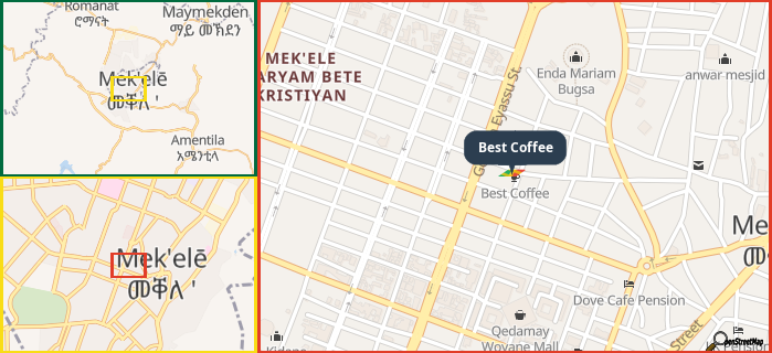 Map showing the address of Best Coffee in three different zoom levels.
