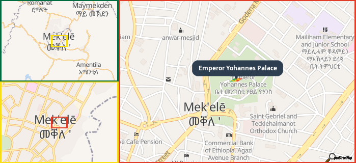 Map showing the address of Emperor Yohannes Palace in three different zoom levels.