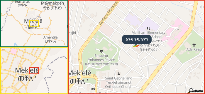 Map showing the address of እንዳ ቴዲ ኪንግ in three different zoom levels.