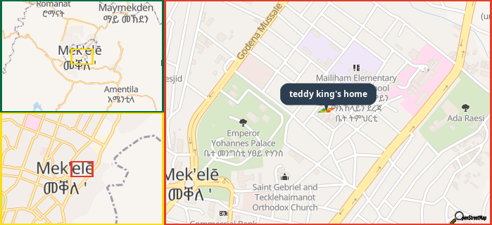 Map showing the address of teddy king's home in three different zoom levels.