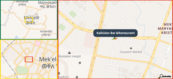 Map showing the address of Kalkidan Bar &Restaurant in three different zoom levels.