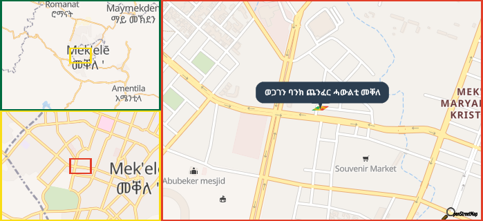 Map showing the address of ወጋገን ባንክ ጨንፈር ሓውልቲ መቐለ in three different zoom levels.