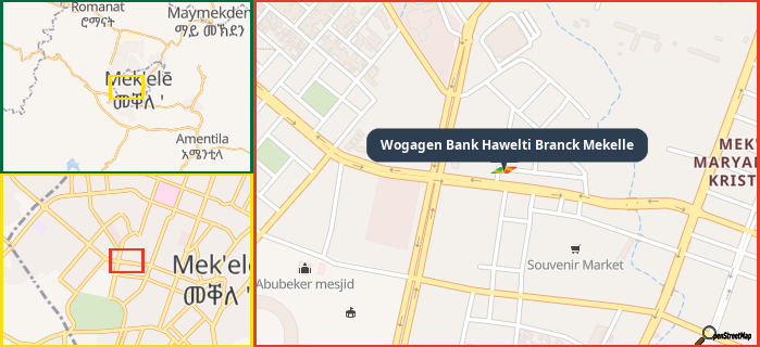 Map showing the address of Wogagen Bank Hawelti Branck Mekelle in three different zoom levels.