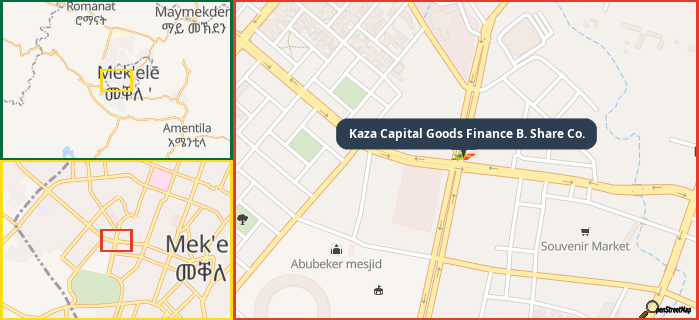 Map showing the address of Kaza Capital Goods Finance B. Share Co. in three different zoom levels.