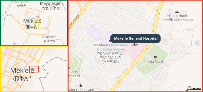Map showing the address of Mekelle General Hospital in three different zoom levels.