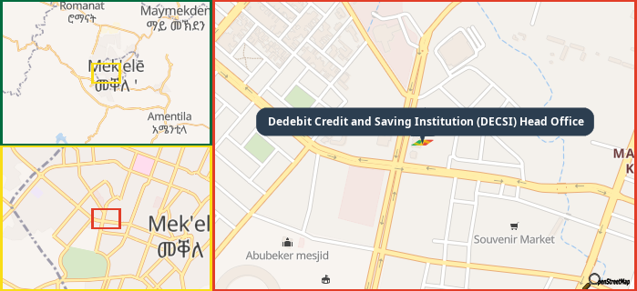 Map showing the address of Dedebit Credit and Saving Institution (DECSI) Head Office in three different zoom levels.