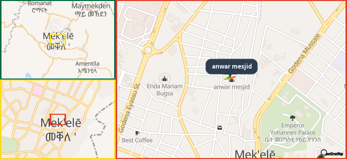 Map showing the address of anwar mesjid in three different zoom levels.