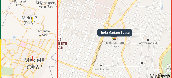 Map showing the address of Enda Mariam Bugsa in three different zoom levels.