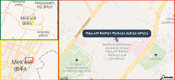 Map showing the address of ማይሊሓም ቐዳምይን ማእኸላይን ደረጃ ቤት ትምህርቲ in three different zoom levels.