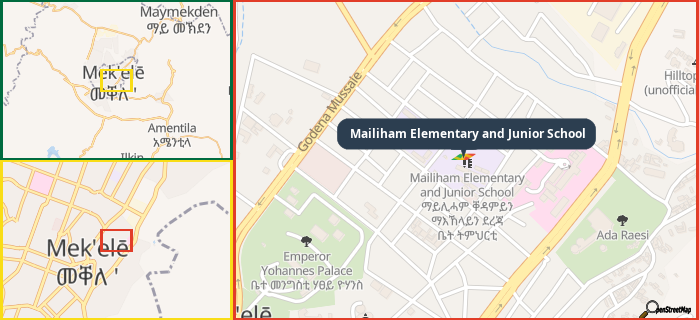 Map showing the address of Mailiham Elementary and Junior School in three different zoom levels.