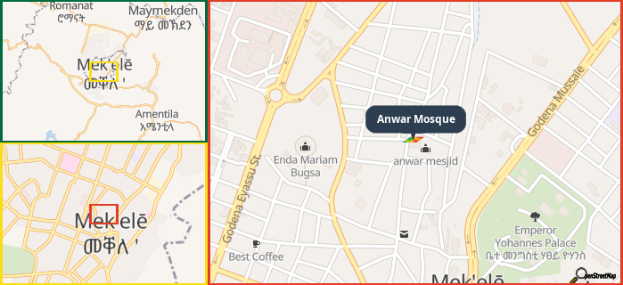 Map showing the address of Anwar Mosque in three different zoom levels.