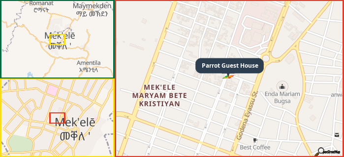 Map showing the address of Parrot Guest House in three different zoom levels.