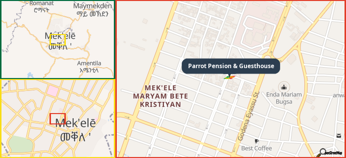 Map showing the address of Parrot Pension & Guesthouse in three different zoom levels.