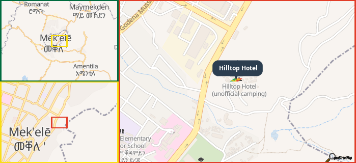 Map showing the address of Hilltop Hotel in three different zoom levels.