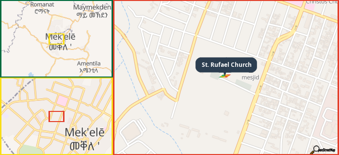 Map showing the address of St. Rufael Church in three different zoom levels.